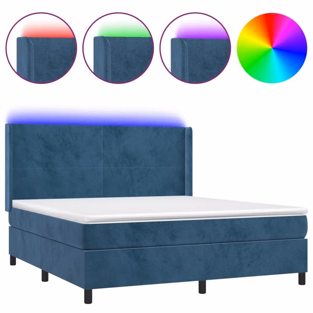 Letto a molle con materasso e LED in velluto blu scuro 160x200 cm