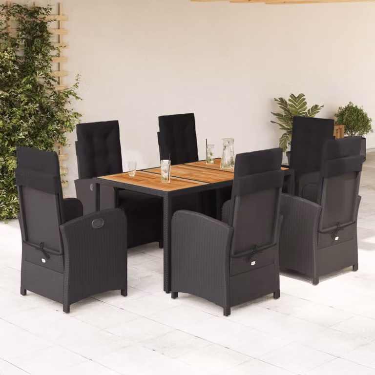 vidaXL Set da Pranzo da Giardino 7 pz in Polyrattan e Legno di Acacia Nero con Cuscini
