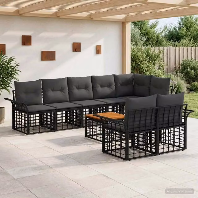 Set di divani da esterno 9 pz Nero e Grigio scuro polyrattan 3437731