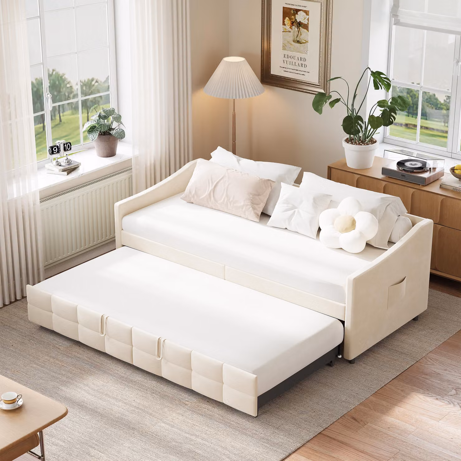 Divano letto estraibile in velluto 90 x 200 cm, divano letto moderno con letto aggiuntivo, meccanismo idraulico, color crema