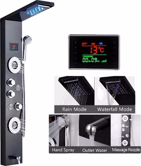Pannello doccia a LED, pioggia a cascata, display digitale, nero 8006