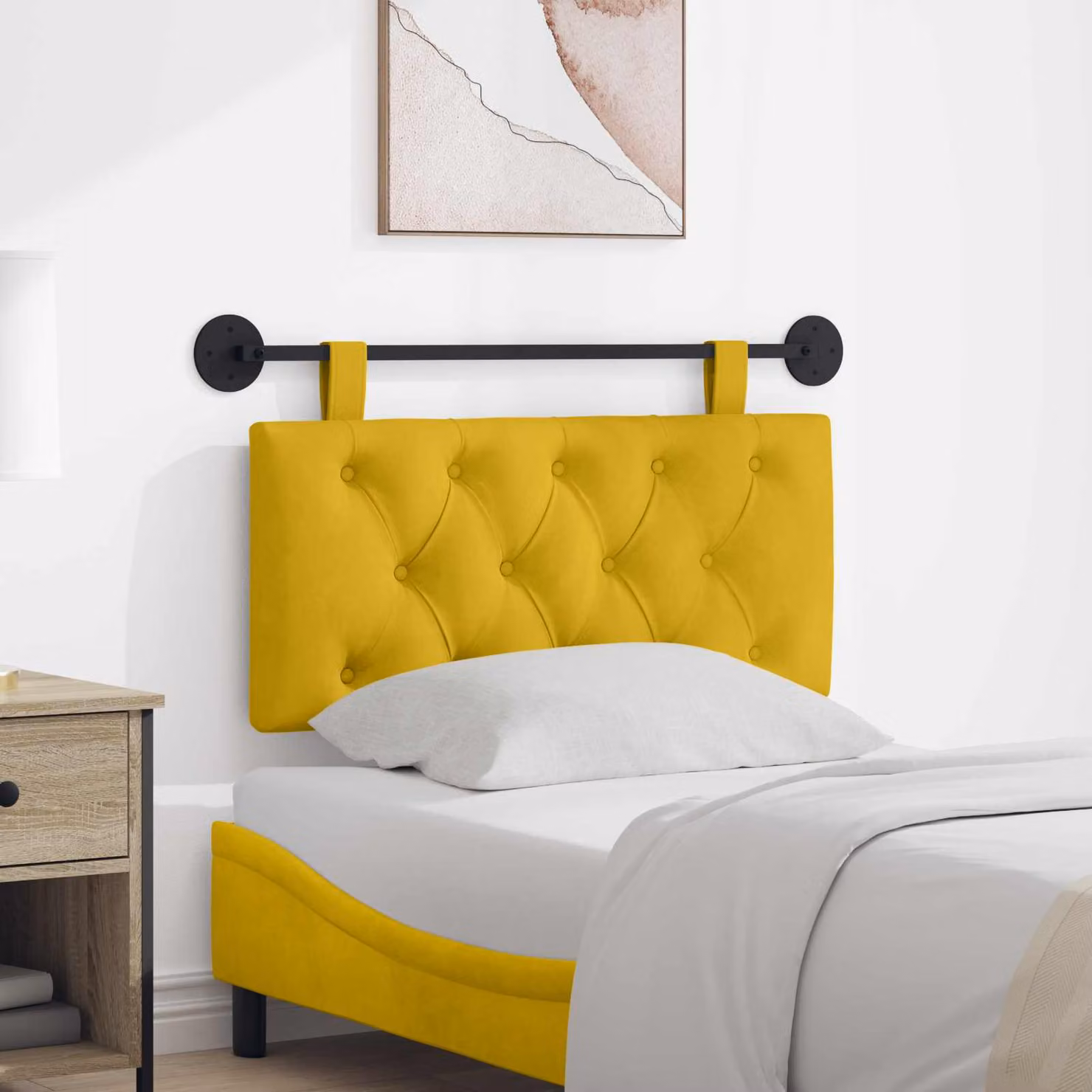 Testiera per letto sospesa vidaXL in velluto giallo con illuminazione integrata e pannello imbottito