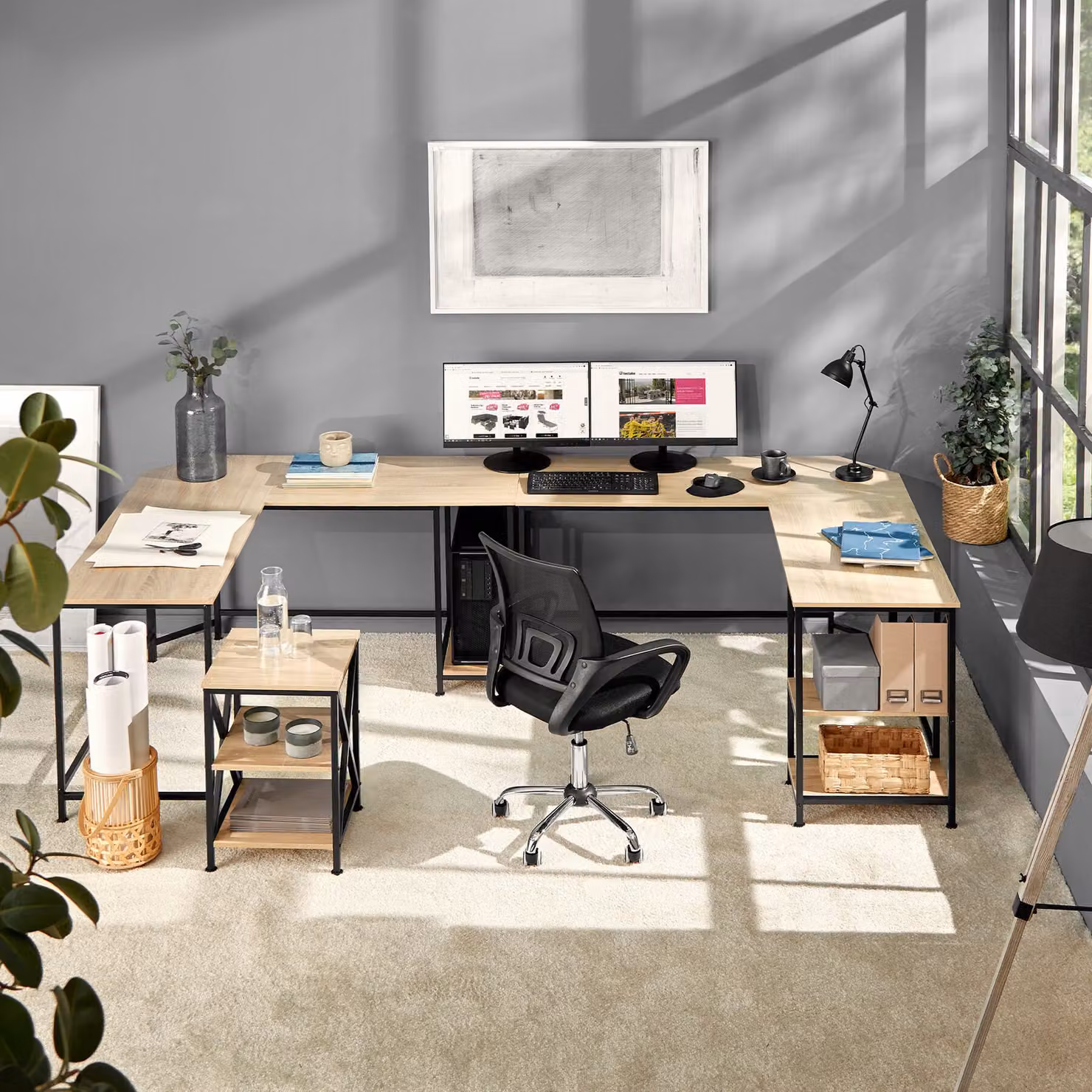 Scrivania angolare Hamilton TecTake in stile industriale, colore rovere e nero, L/P/H: 138 x 138 x 75,5 cm – 2