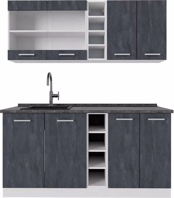 Cucina completa moderna R-Line Vicco, Calce nera e Bianco con piano Antracite, L: 160 cm, P: 60 cm, H: 81,6 cm