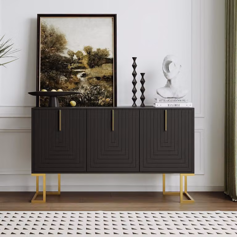 Comodino/Credenza con 3 ante e 6 cassetti, colore nero, dimensioni 138x80,5x40 cm