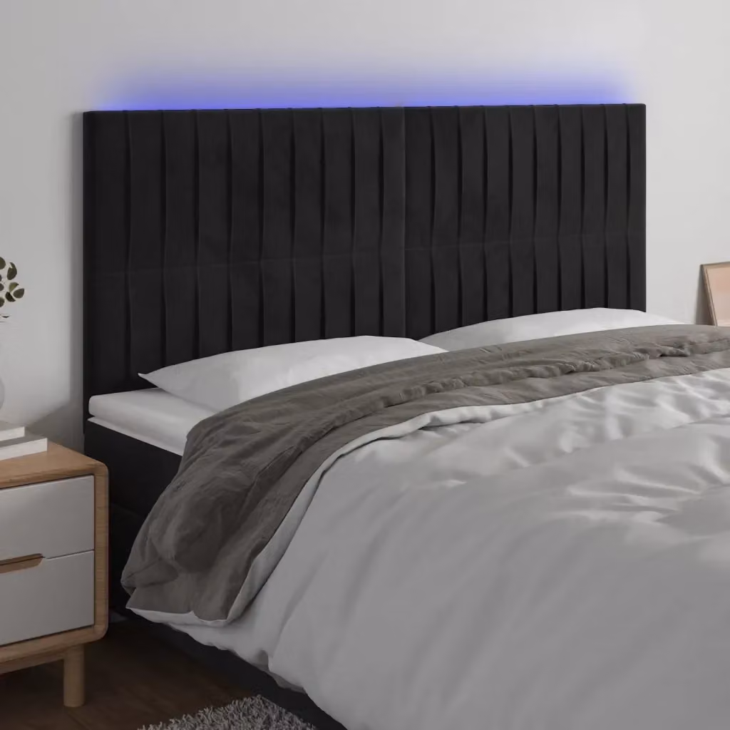 Testata del letto in velluto nero con illuminazione LED integrata e porta di ricarica USB, L: 160 cm, P: 5 cm, H: 118/128 cm – 2