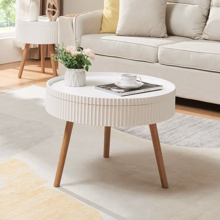 Tavolino 'Bongard' con piano estraibile Ø60 x 45 cm Tavolo da soggiorno in look scanalato rotondo bianco