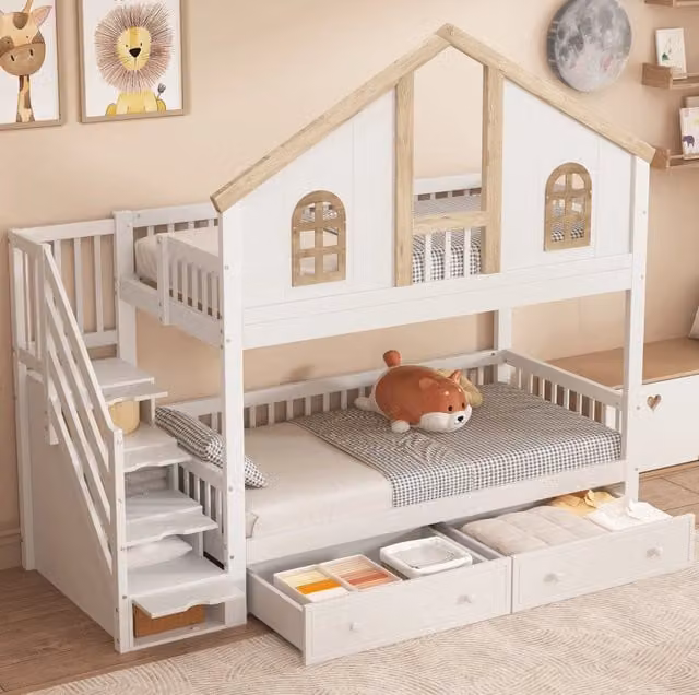 Letto a castello per bambini 90x200 cm in pino; MDF e compensato; bianco e naturale