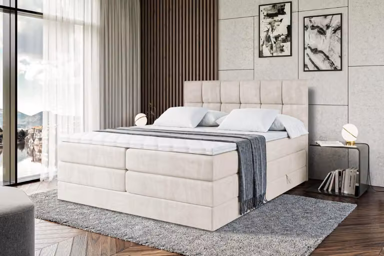 Letto boxspring ALTDECOR con materasso e rete a doghe - RICAR KING 160x200 cm - Velluto beige - Topper, letto imbottito con contenitore, letto con vano portaoggetti H3 e H4 - Materasso, letto matrimoniale, letto boxspring