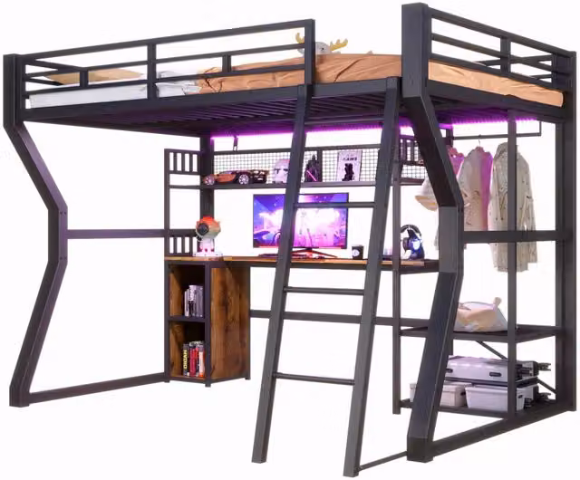 Letto a soppalco 140x200 cm con scrivania; struttura in metallo nero; luce e presa integrata