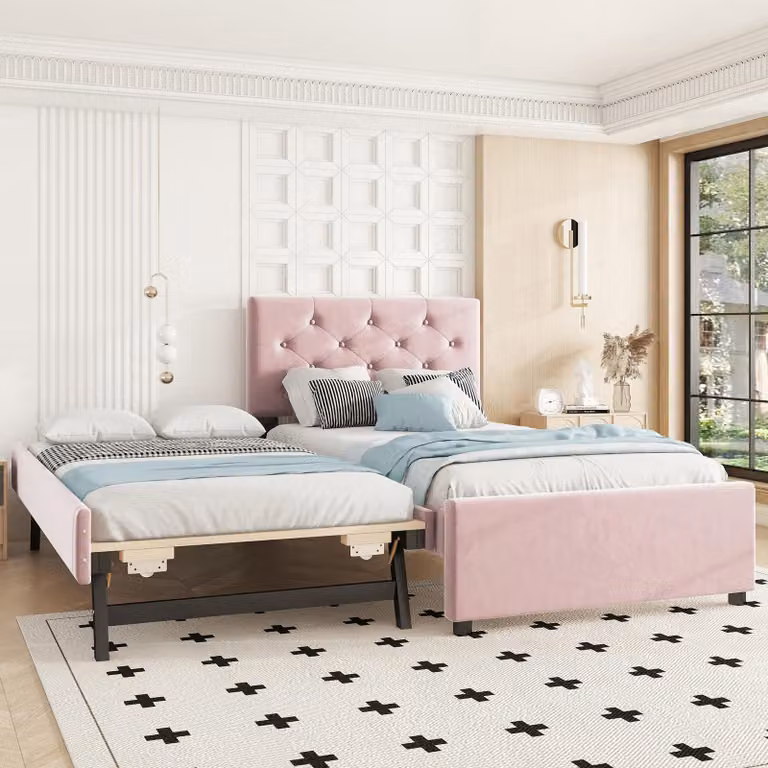 Letto imbottito Merax 90x200 cm, con letto estraibile 90x190 cm, rete a doghe, schienale con rivetti, letto matrimoniale, letto piano, letto per bambini, velluto, rosa