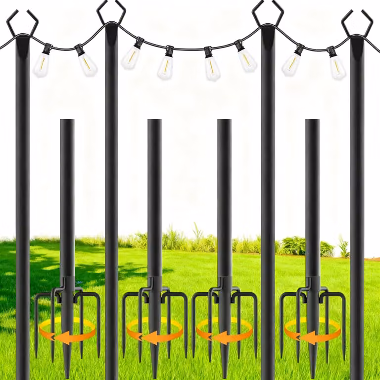 Set di 4 pali in metallo per illuminazione esterna, lunghezza 3 metri, con supporti robusti