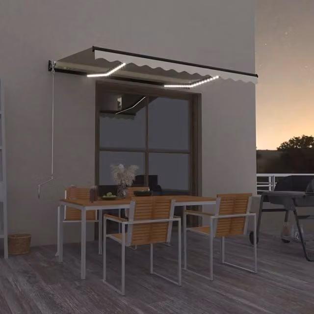 Tenda da Sole Retrattile Manuale VIDAXL con LED in Poliestere e Alluminio, L: 350 cm, P: 250 cm, Colore Crema