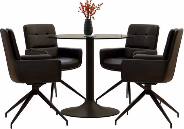 Set tavolo e sedie da pranzo con tavolo rotondo e 4 sedie girevoli in vetro temperato, metallo e PU nero