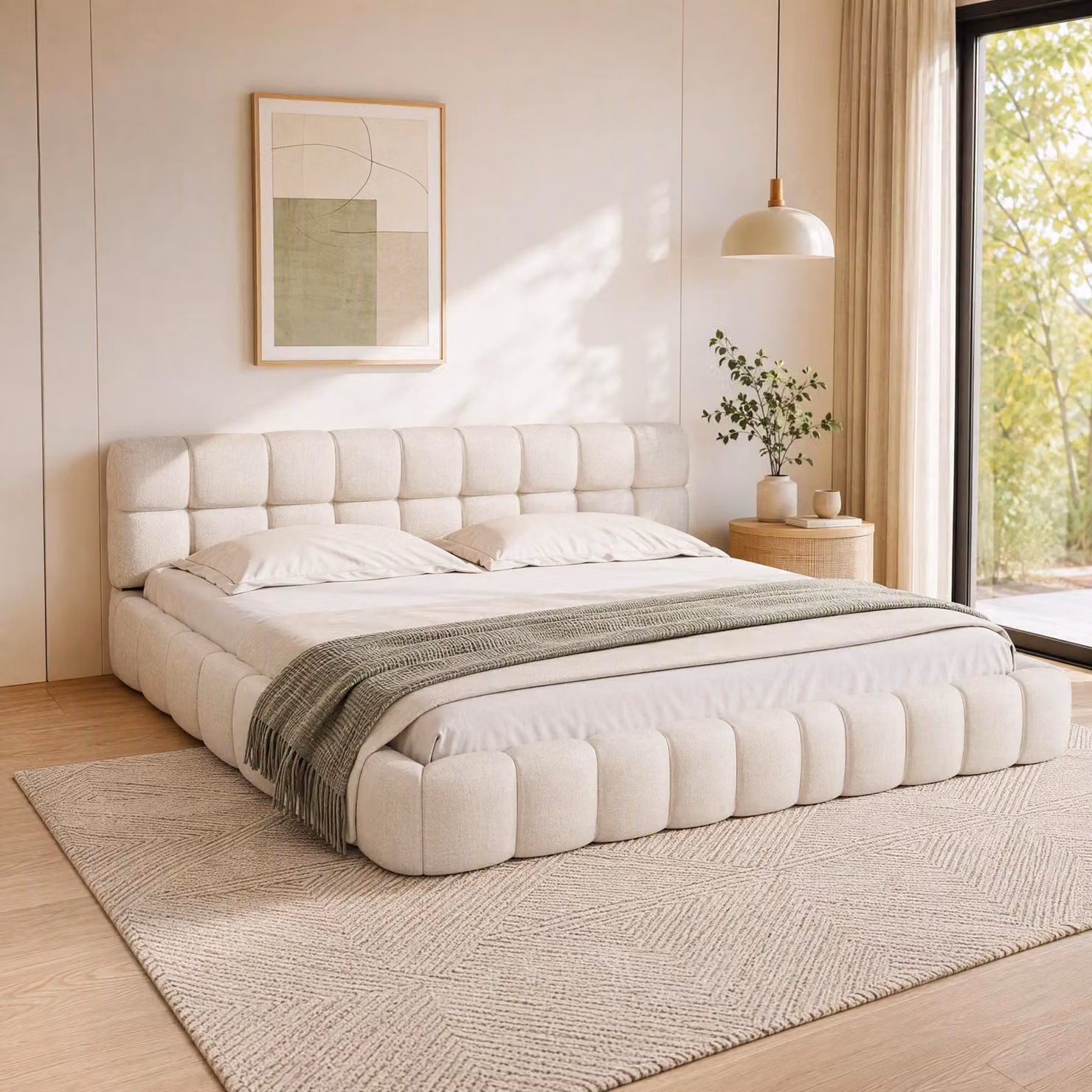 INONEFT Bubble Bett 160x200, letto imbottito con rete a doghe, letto matrimoniale per ragazzi, struttura letto con testiera imbottita, tessuto di lino, color beige