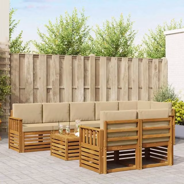Set di divani da esterno a L vidaXL in legno di acacia con cuscini beige e marrone e tavolino da caffè