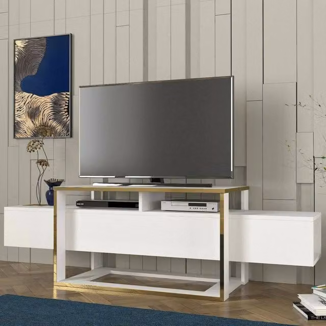 Mobile porta TV Jo, Credenza da soggiorno, Armadio basso per TV, Base parete attrezzata, 160x46h50 cm, Bianco e Oro