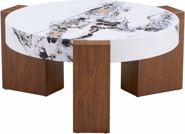 Set di Tavolini da Salotto rotondi in MDF effetto noce con piano in vetro di sicurezza trasparente