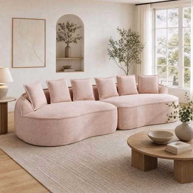 Divano modulare senza struttura in ciniglia rosa con chaise longue profonda
