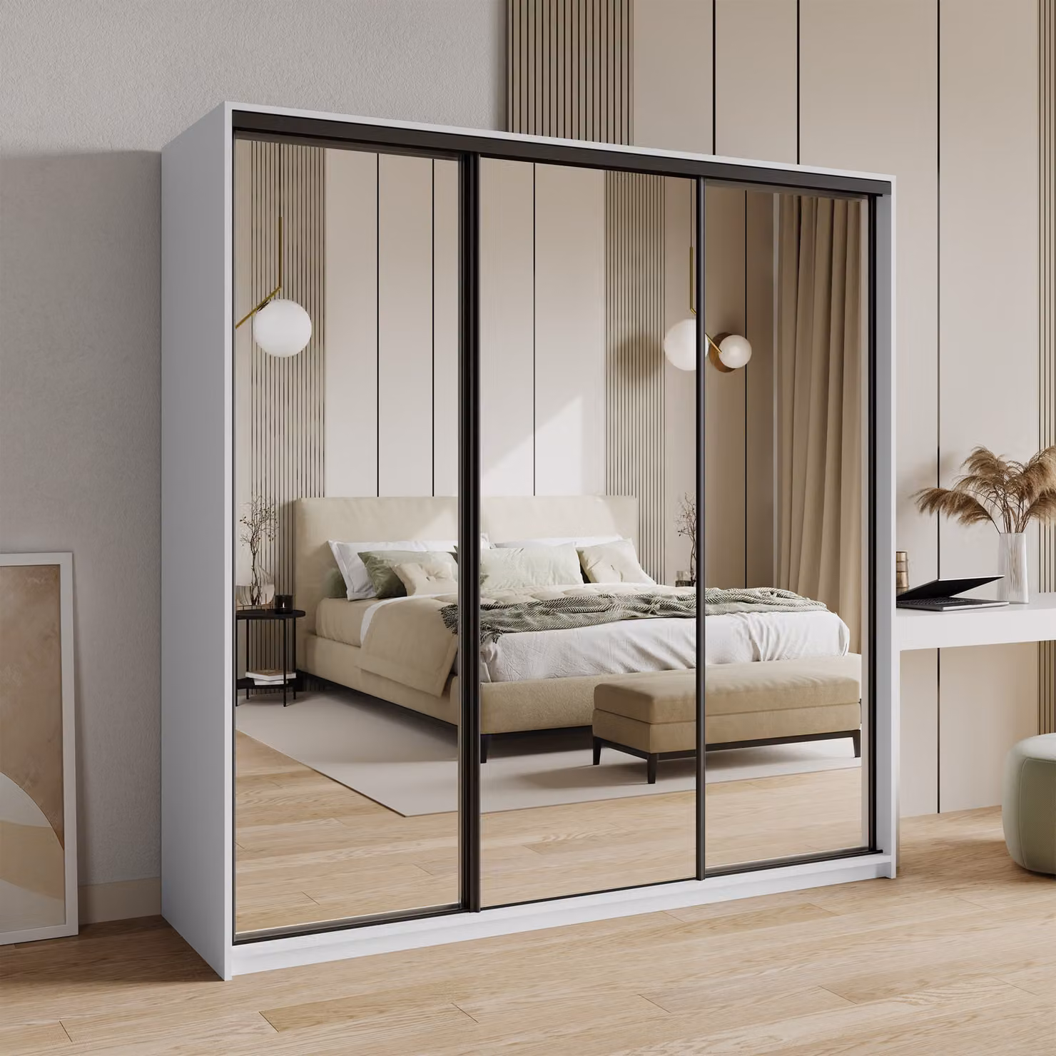 Armadio scorrevole Masseno RIEN 200/205/60 cm Armadio con cassetti Armadio per camera da letto a 3 ante con specchio Bianco + Nero