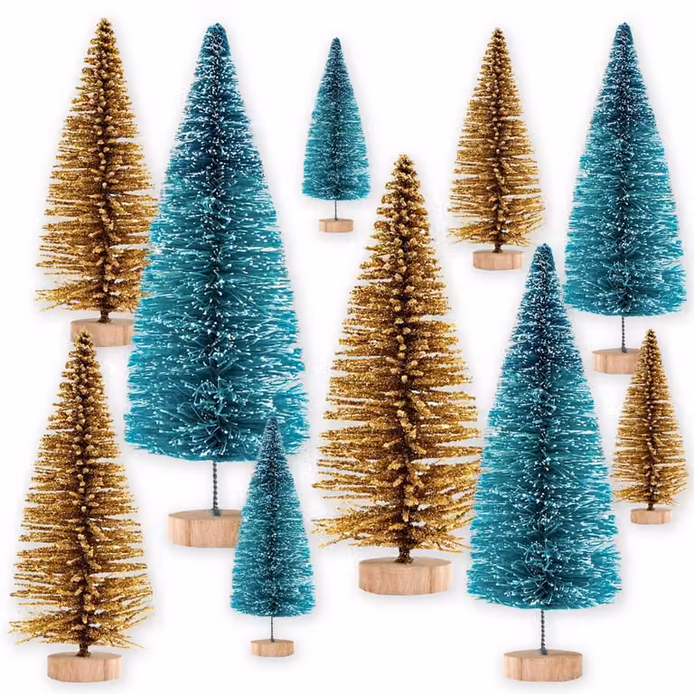 Mini albero di Natale artificiale, set da 10 con base in legno, altezza da 4,5 a 16 cm