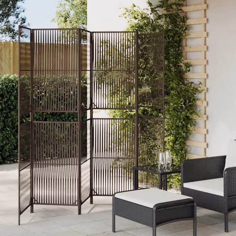Divisorio per ambienti vidaXL a 6 pannelli in polyrattan marrone con struttura in metallo, H: 180 cm, L: 294 cm