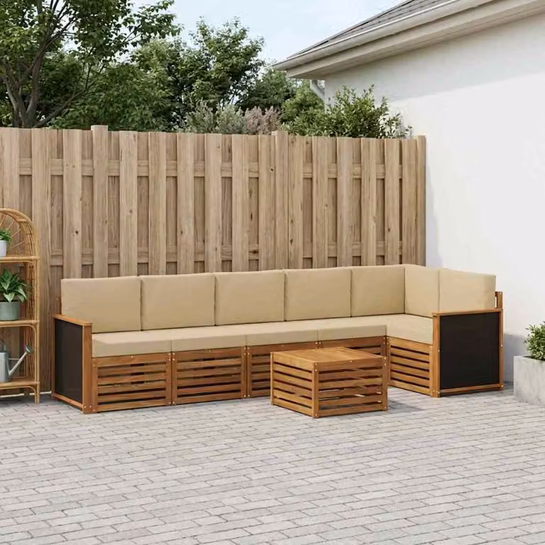 Set di divani da esterno vidaXL in legno di acacia con tavolo da caffè e cuscini, 6 pezzi, colore beige naturale