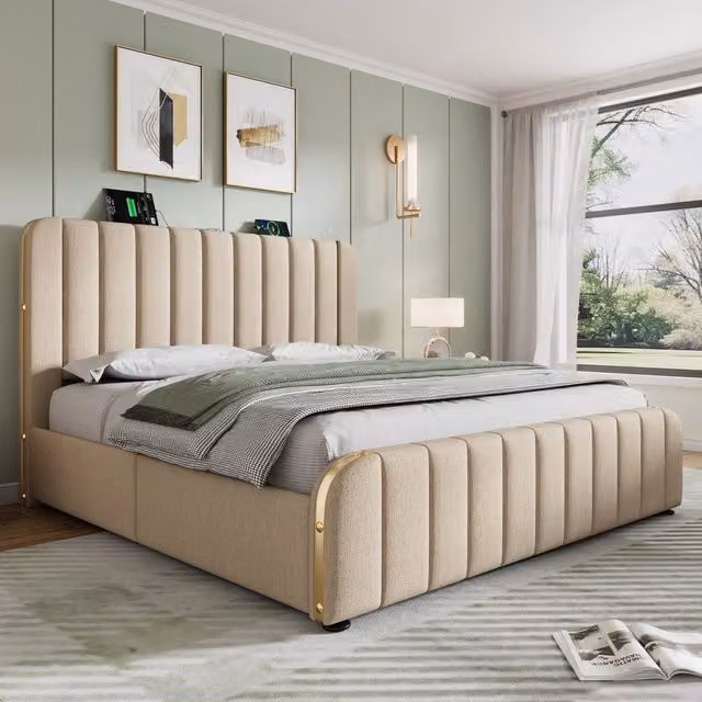 Desviae Letto matrimoniale 160 × 200 cm con 4 cassetti, USB e Type-C, con materasso, lino beige