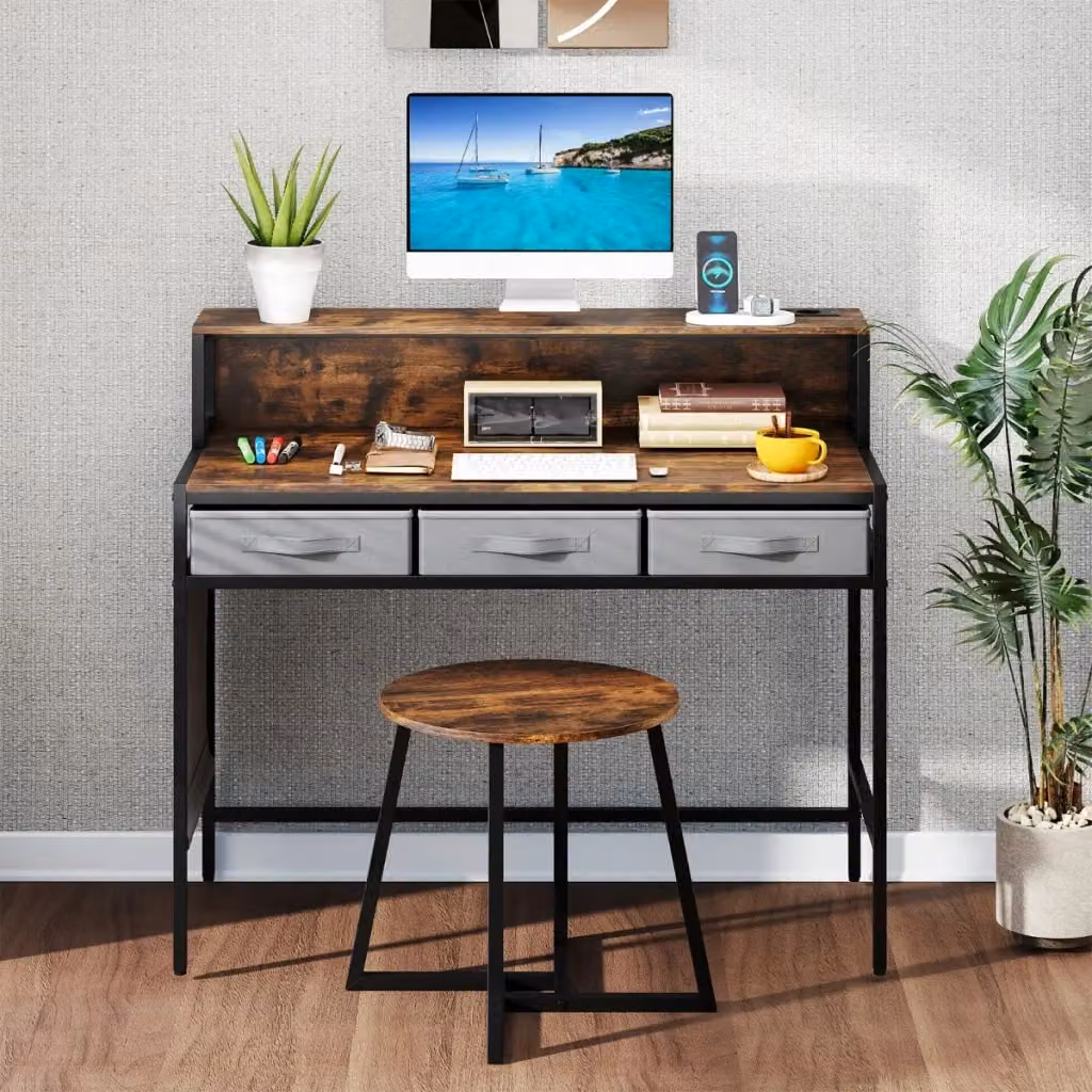 Set scrivania moderna Design Mania con sgabello e supporto monitor, colore marrone, L: 110 cm, P: 50 cm, H: 76,7 cm – 2