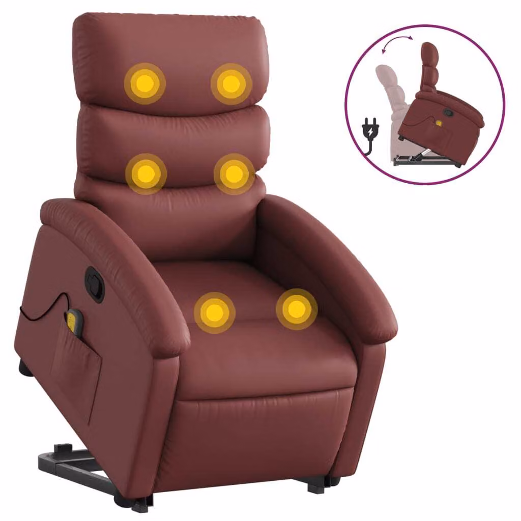 Poltrona Alzapersone Massaggi Reclinabile Rosso Vino Pelle finta