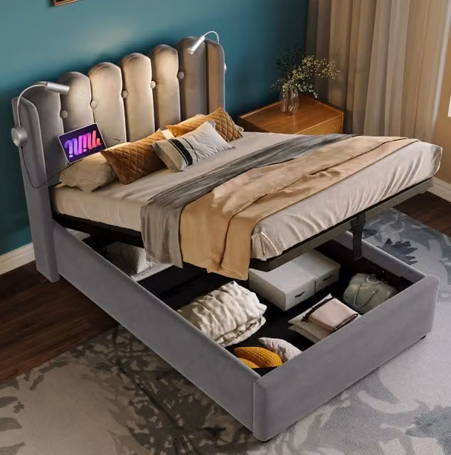 Letto singolo 90x200 cm in velluto grigio con luce da lettura; USB e contenitore