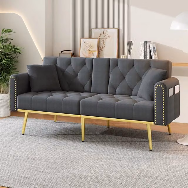 Divano letto con schienale regolabile e portabicchieri e tasche laterali in velluto grigio 175 × 80 × 73,5 cm