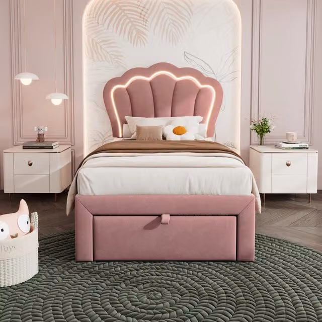 Letto singolo 90x200 cm in velluto rosa con LED RGB; cassetto contenitore e testiera regolabile