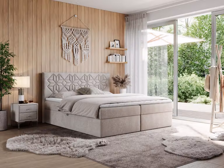 Letto boxspring MKS MEBLE 160x200 con materasso H3 e contenitore, letto matrimoniale con contenitore e topper, letto imbottito 160x200 con testiera - Leila - Struttura beige - H3