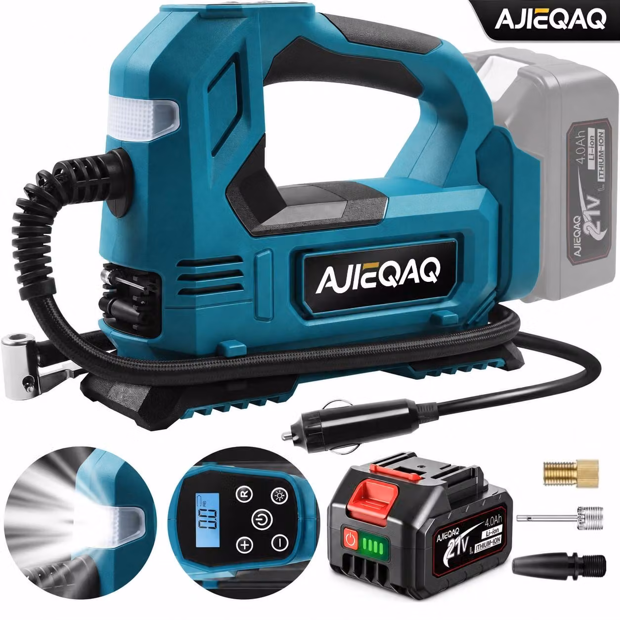 Compressore d'aria portatile a batteria da 21V, 4,0Ah, gonfiatore per pneumatici da 150 PSI con arresto automatico, presa auto da 12V, LED, funzione SOS, adatto per auto, moto e biciclette