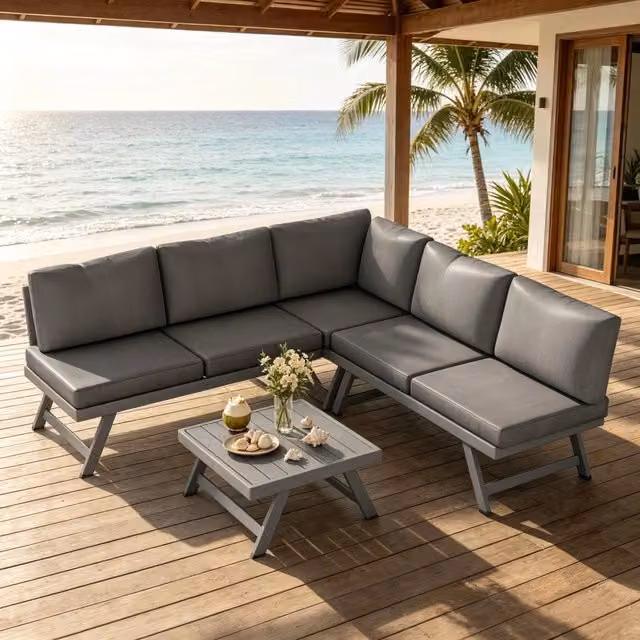 Divano da giardino angolare OKWISH a L per 5 persone con tavolino e cuscini grigio