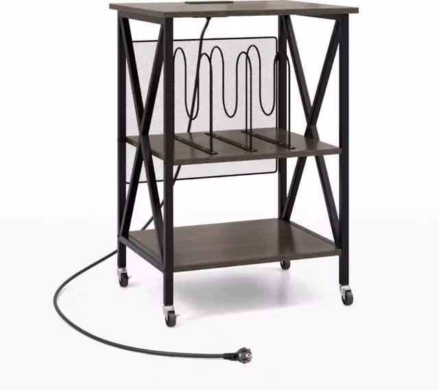 Supporto per giradischi con stazione di ricarica integrata e design industriale in metallo e legno, Espositore per dischi con separatore Grigio