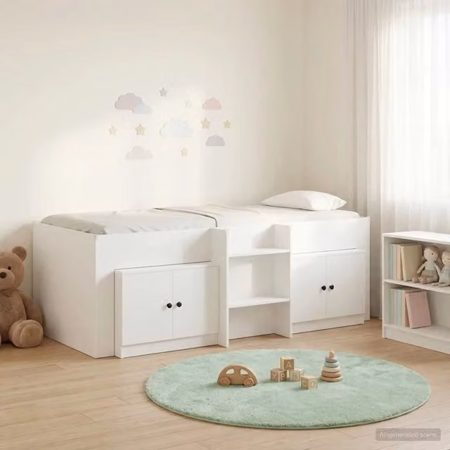 Struttura Letto Loft con Armadietto con porta 3 pcs-Giroletto con contenitore Bianco