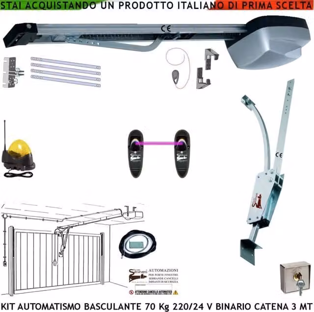 Kit per Automazione Porta Basculante da Soffitto Securvera con Motore 220/24 V, Carico 70 Kg, Binario in Alluminio e Catena in Acciaio, Colore Grigio/Argento