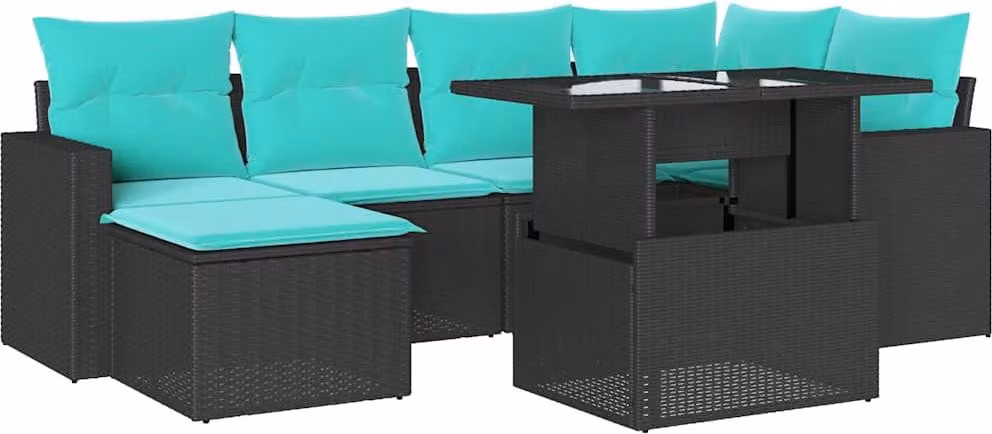 set di divani da giardino 7 pezzi con cuscini, polyrattan nero
