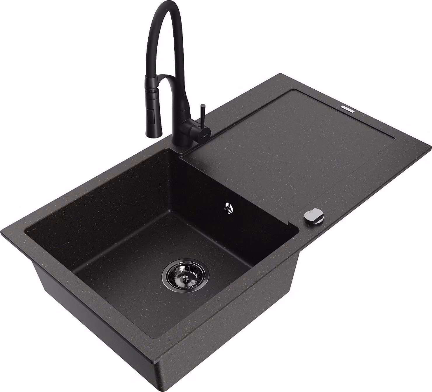 Mexen Leo lavello in granito a 1 vasca con sgocciolatoio e rubinetto da cucina Aster, nero/oro metallizzato - 6501-75-73450-70-B