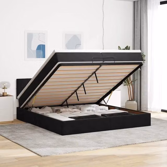 Struttura Letto Pouf con Materasso Nero 200x200 cm in Velluto 3311797