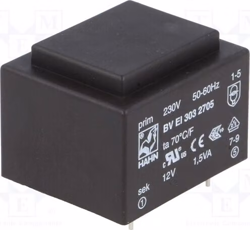 1 trasformatore: rivestito, 230 VAC, 1,5 VA, 12 V, 125 mA. Montaggio: BV EI 303 2705 -Tran