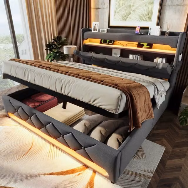 Letto imbottito matrimoniale 180x200 con testiera contenitore USB/Type-C, LED 360, contenitore idraulico, grigio, lino (senza materasso)