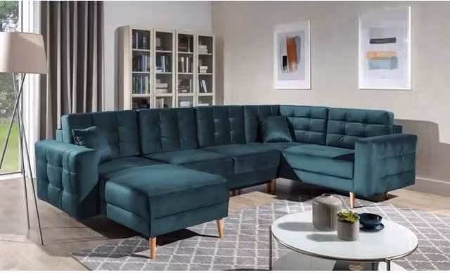 Divano angolare panoramico convertibile U HASGARD MEUBLORAMA in velluto blu petrolio con contenitore e funzione letto, L: 326 cm – 1