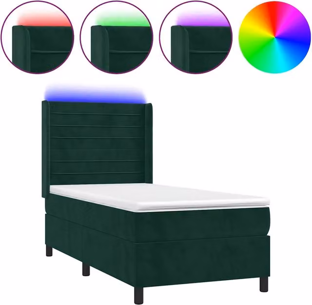 Letto matrimoniale con materasso ibrido vidaXL in velluto verde scuro con illuminazione LED sottostante e porta USB, L/P/H: 100 x 200 cm