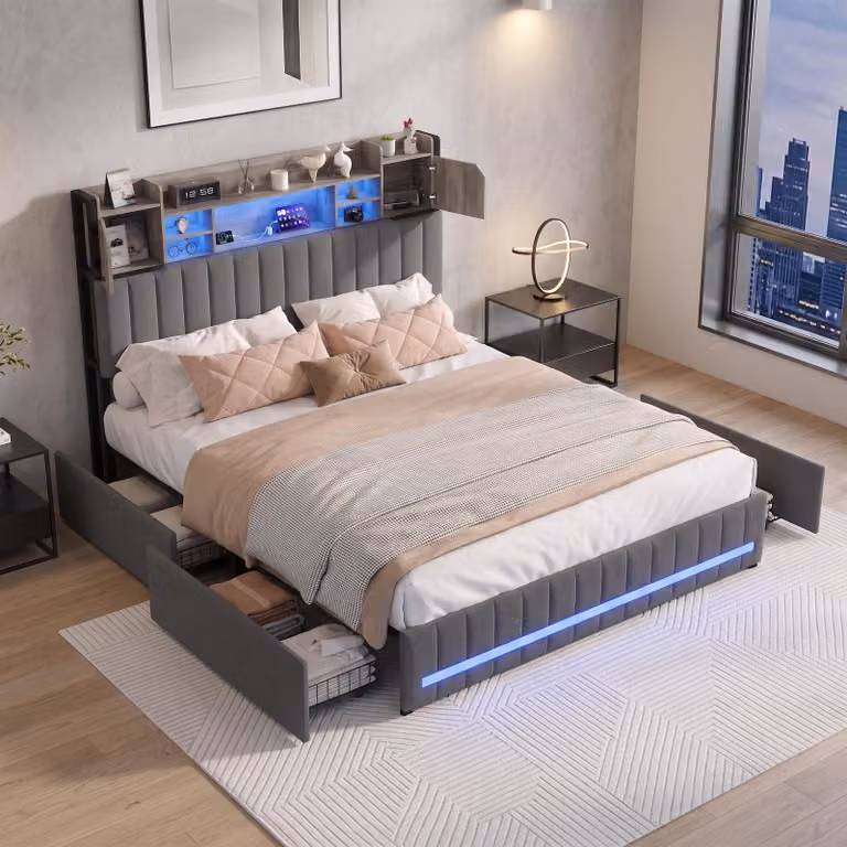 Letto imbottito INONEFT 140x200 cm con USB, letto con spazio contenitore e rete a doghe, letto a una piazza/letto matrimoniale con 4 cassetti, letto con spazio contenitore e illuminazione LED, tessuto in lino, colore grigio
