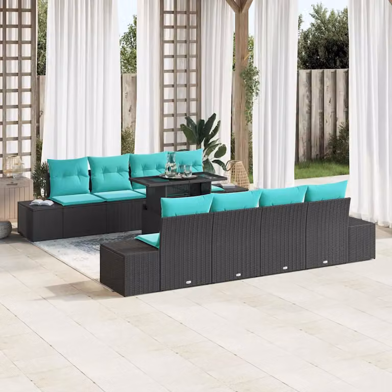 Set Divano da Giardino vidaXL a 7 pezzi con Tavolino, Design Moderno a Forma di U, Colore Nero e Turchese
