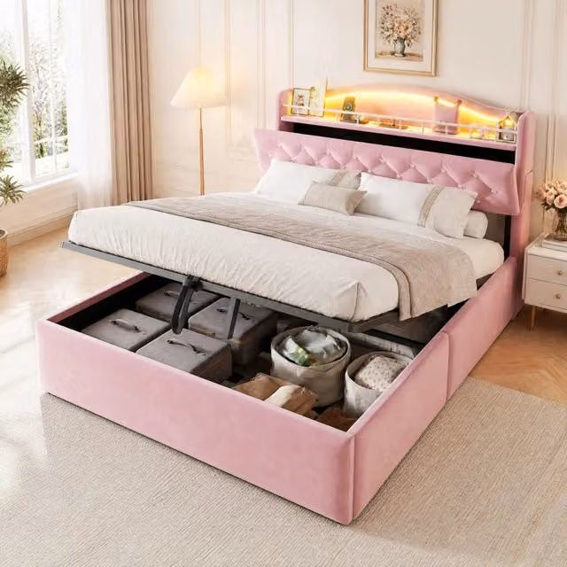 Letto Contenitore REDOM in Velluto Rosa con LED, Porte USB e Ripiano Laterale, L/P: 140 x 200 cm