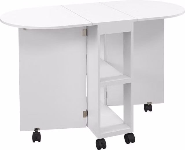 Tavolo da pranzo pieghevole HOMCOM bianco con 2 ribalte, ripiani a 2 livelli e ruote, salvaspazio per 2-4 persone, L: 120 cm, P: 60 cm, H: 77 cm